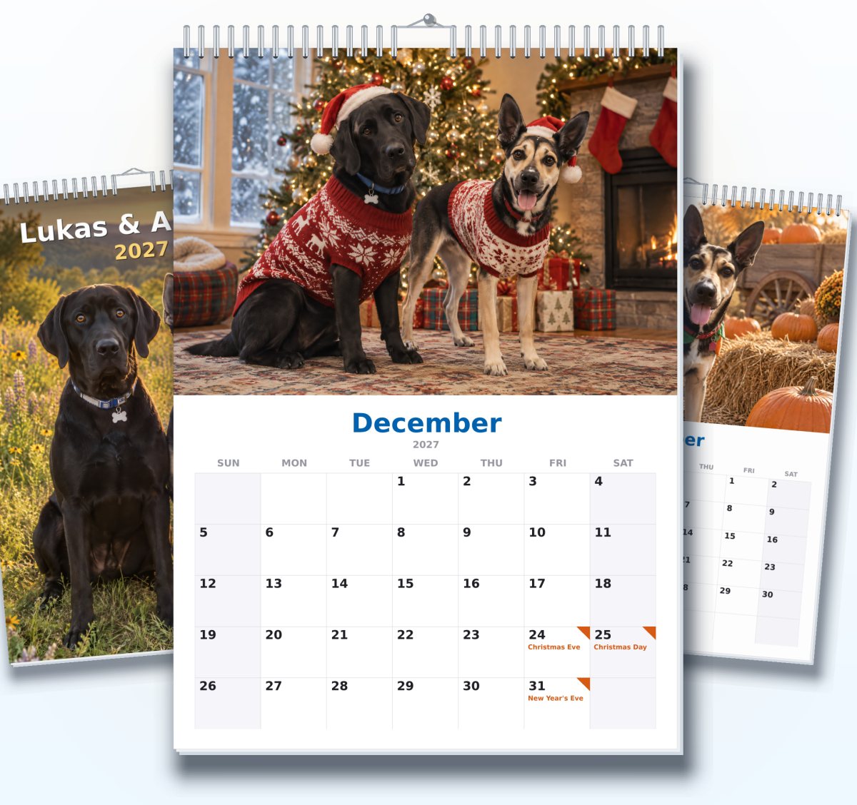 A hanging 2027 wall calendar open to December: Lukas, a black Lab, and Ahsoka, a shepherd mix, in Christmas sweaters by the tree