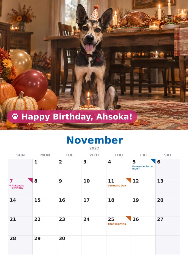 November page with a Happy Birthday banner
