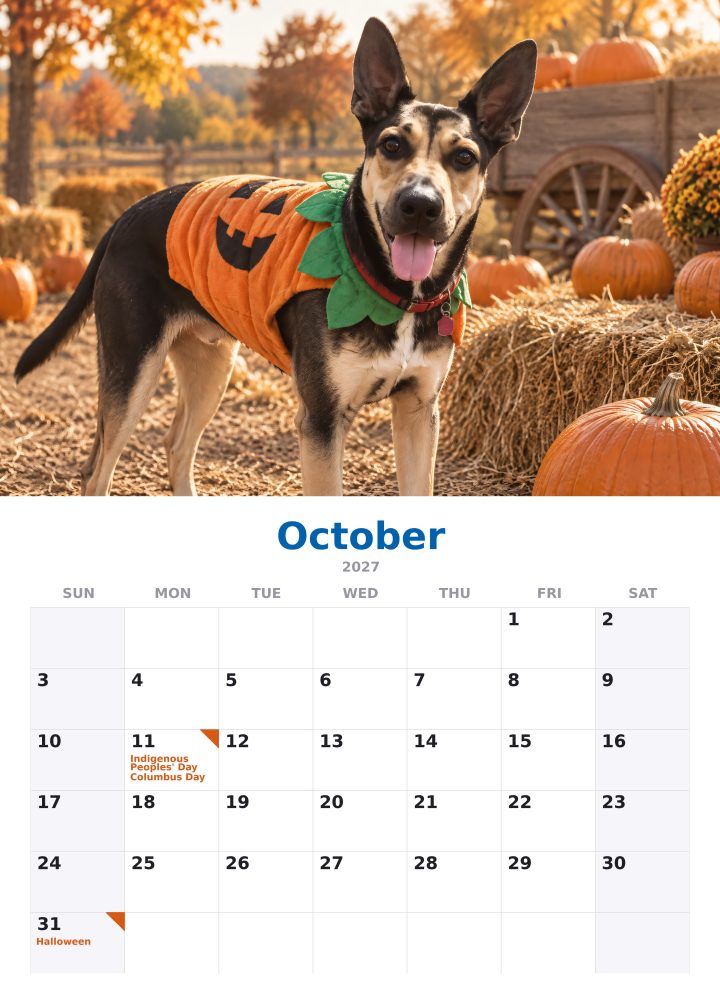 October: the pumpkin patch page of the 2027 calendar, with the month’s dates below