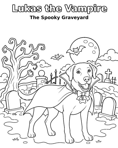 Sample page: a Labrador dressed as a vampire in a spooky graveyard