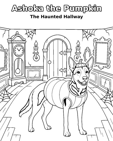 Sample page: a shepherd mix dressed as a pumpkin in a haunted hallway