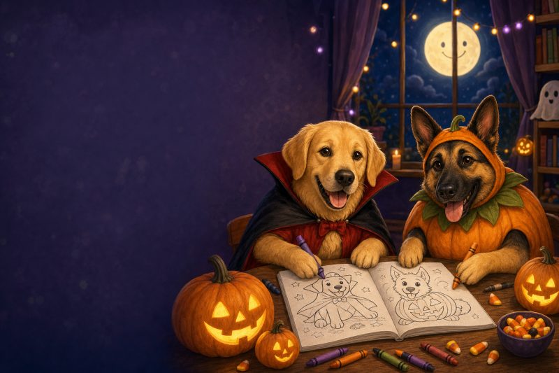 Two dogs in Halloween costumes coloring at a table with jack-o'-lanterns