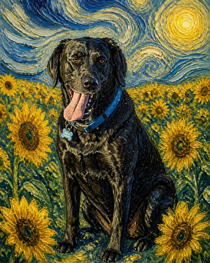 Van Gogh portrait of Lukas, a black lab, in a field of sunflowers
