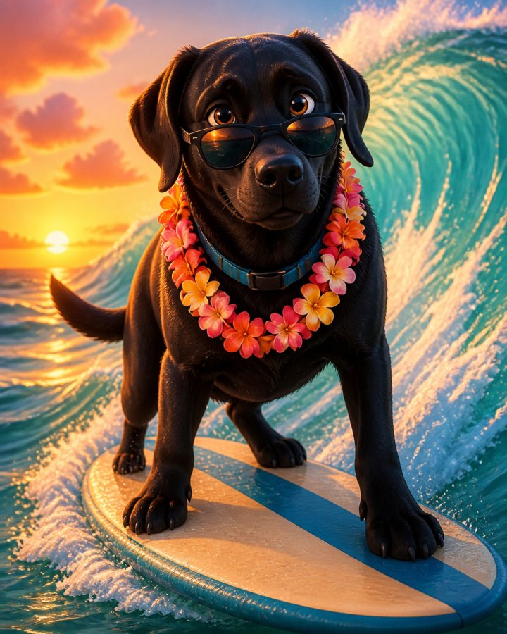 Cartoon portrait of Lukas, a black lab, surfing a wave at sunset