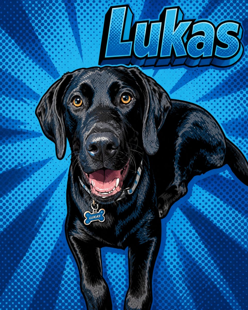 The same dog as a pop art portrait with his name, Lukas, in bold comic letters
