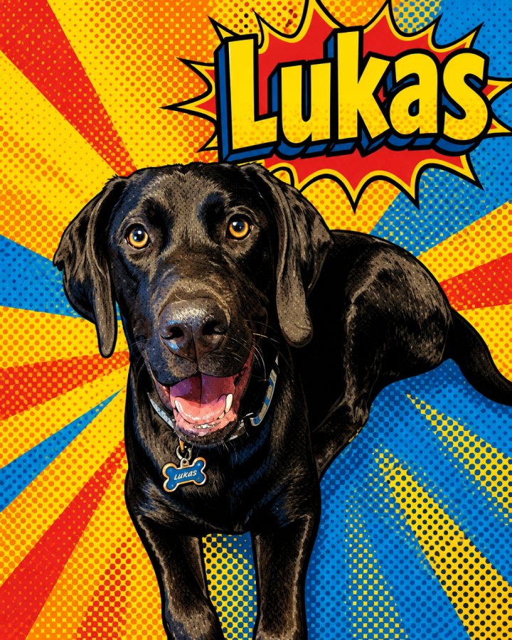 Pop Art portrait of Lukas, a black lab, his name in a comic starburst
