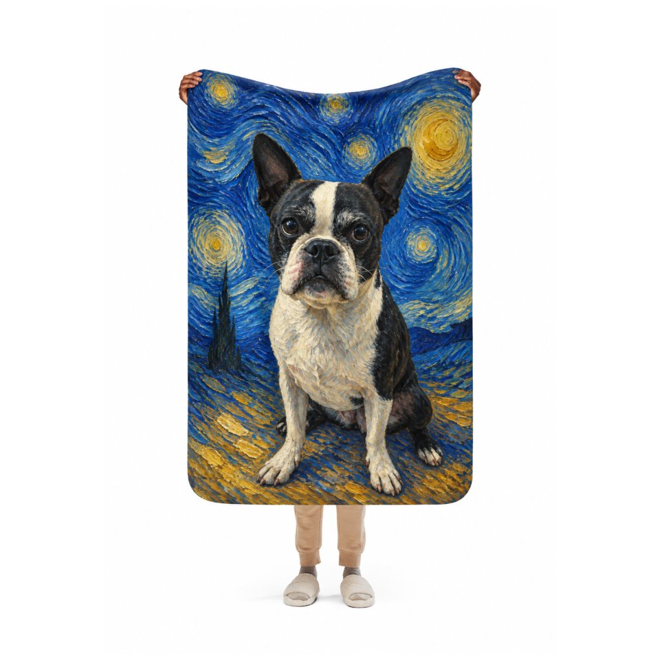 Someone holding up a sherpa blanket printed with a Van Gogh Starry Night style portrait of a Boston terrier