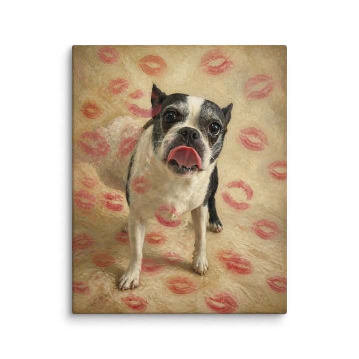 A gallery canvas with an oil painting of a Boston terrier sticking out its tongue, covered in lipstick kisses