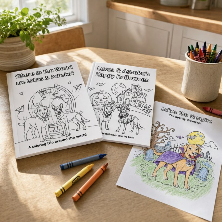 A printed personalized coloring book starring two dogs, open on a table with crayons and a half-colored page