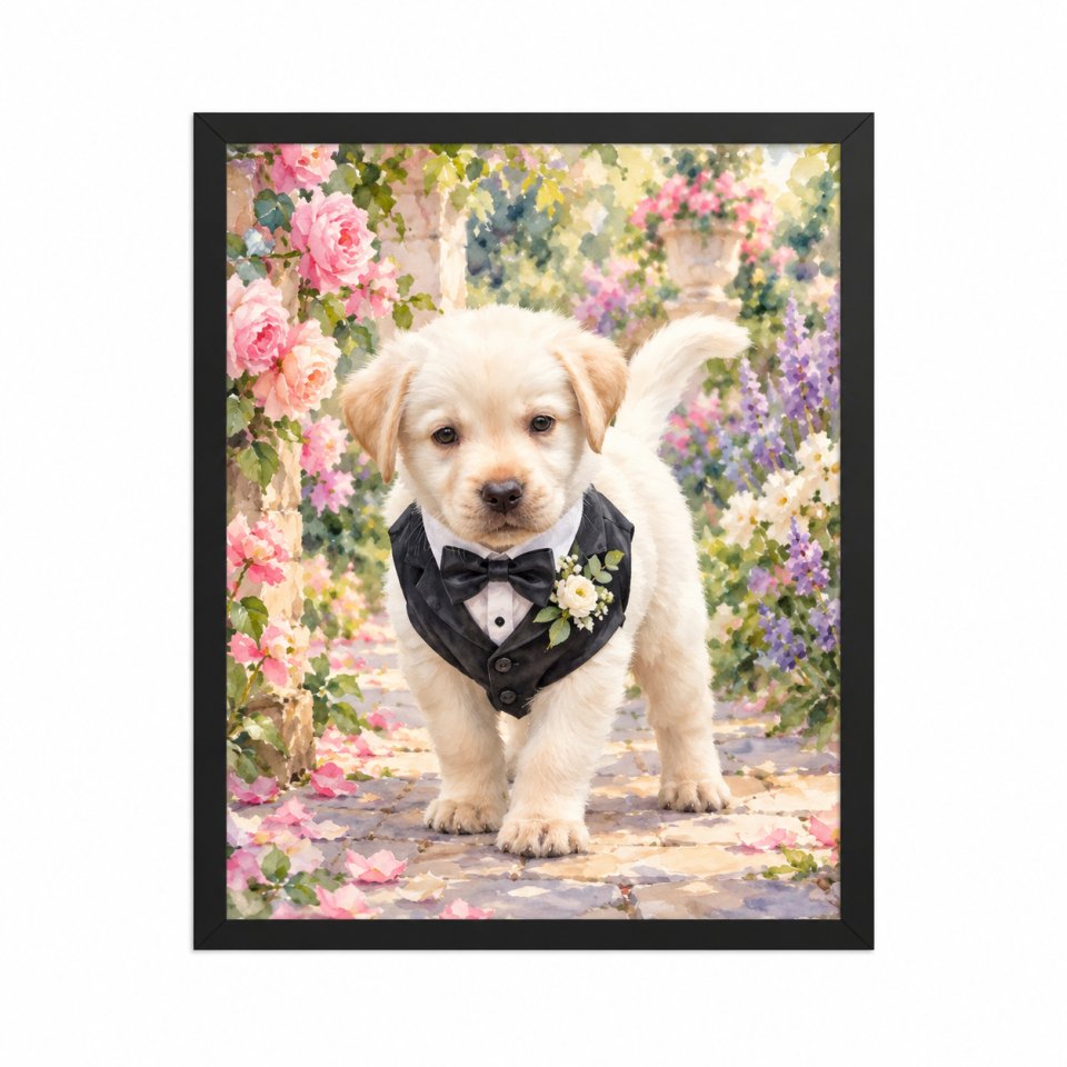 A black-framed watercolor portrait of a cream puppy in a tuxedo and bow tie in a rose garden