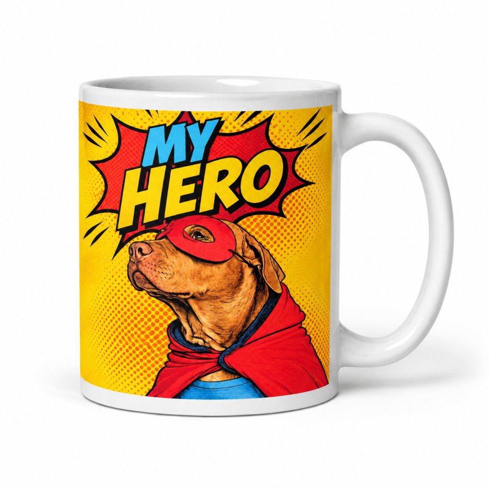 A white mug with a pop art portrait of a dog in a red superhero mask and cape under the words 'My Hero'