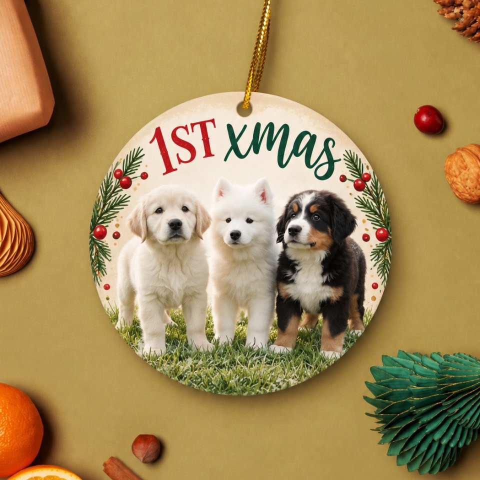 A round ceramic Christmas ornament reading '1st Xmas' with three puppies, in a holiday flat lay with pine cones and oranges