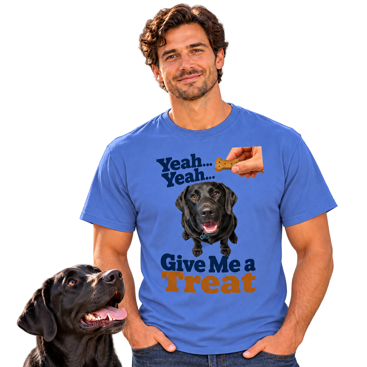 Model in a Mystic Blue Lukas Give Me a Treat example shirt, with the black Labrador’s head beside him