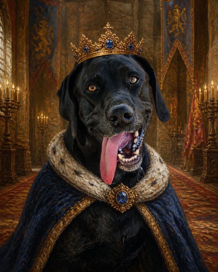 Oil Painting portrait of Lukas, a black lab, the royal portrait