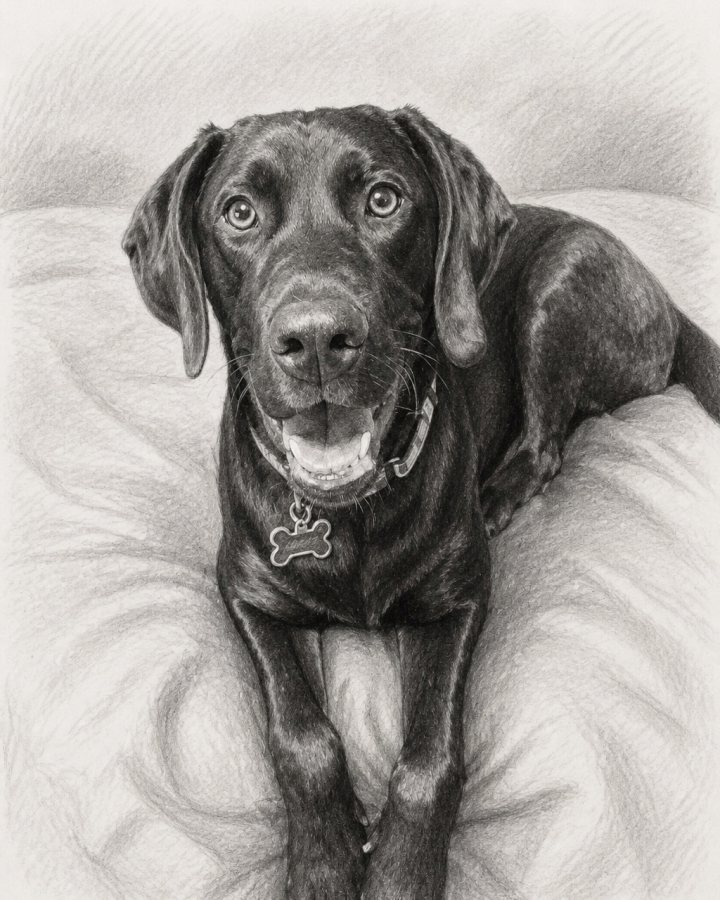 Pencil Sketch portrait of Lukas, a black lab, relaxing on the bed