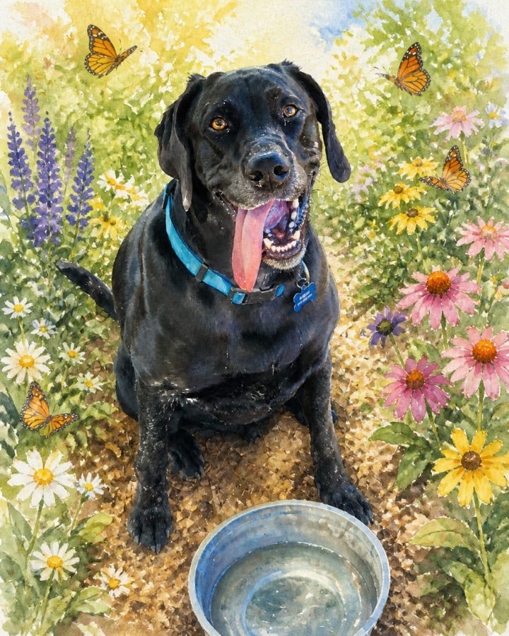 Watercolor portrait of Lukas, a black lab, a flower garden with butterflies