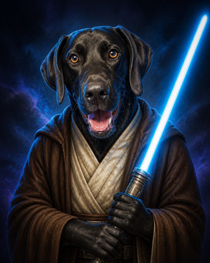 Galactic Guardian portrait of Lukas, a black lab