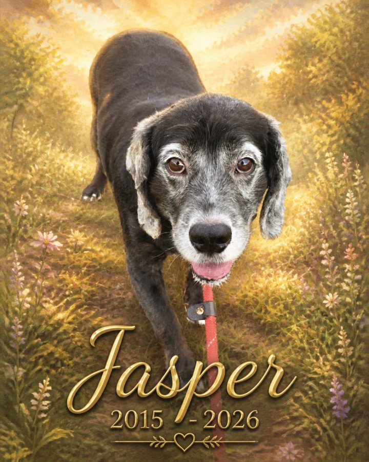 Memorial tribute portrait of Jasper, a senior black dog, 2015–2026