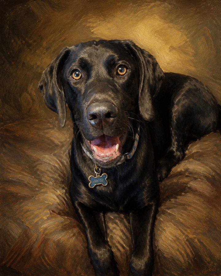 Oil Painting portrait of Lukas, a black lab