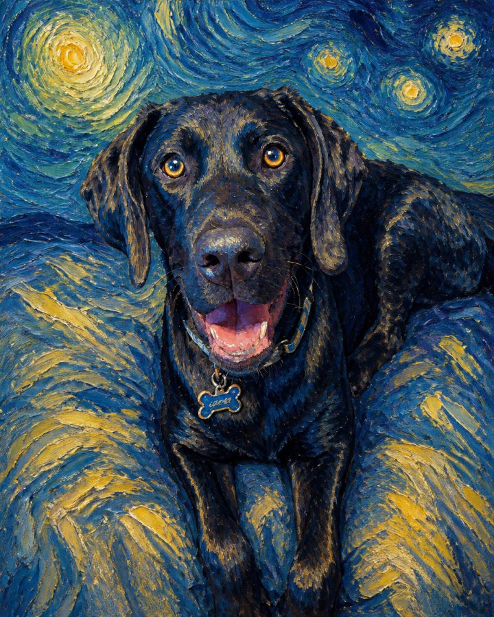 Van Gogh portrait of Lukas, a black lab
