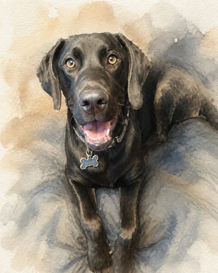 Watercolor portrait of Lukas, a black lab